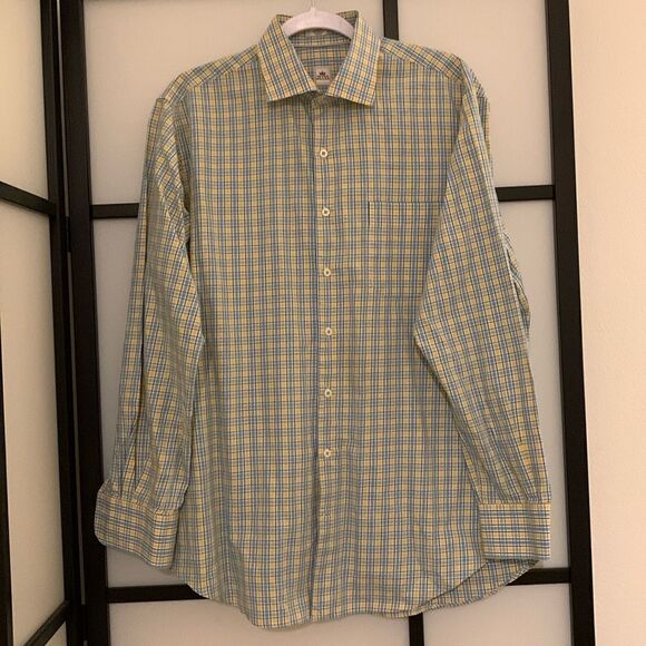 Peter Millar Cotton Long Sleeve Button Down Green Yellow Men’s Shirt Size L - Picture 2 of 11